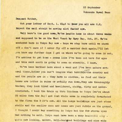 Letter from Lt. Gerald Hennesy to His Mother Dated September 23, 1945