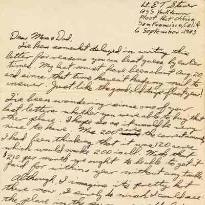Letter From Elisha "Smokey" Stover to his Parents Dated September 6, 1943