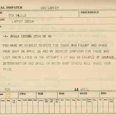 Message from Commander Task Unit 53.1.2 to the USS Laffey (DD-724) Dated April 21, 1945