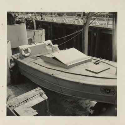 A captured Japanese Shinyo (Sea Quake) "suicide" boat. This boat was given to the USS Laffey by an LST on the Laffey's return stateside.