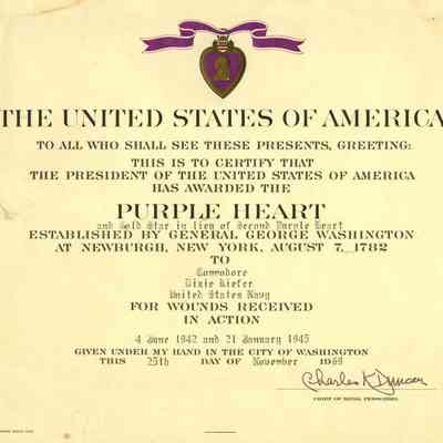 Purple Heart Citation of Dixie Kiefer