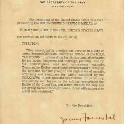 Distinguished Service Medal Citation for Dixie Kiefer