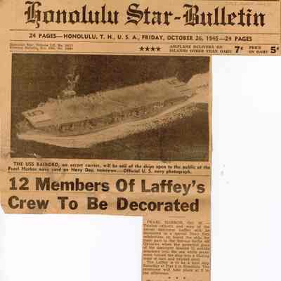 "12 Members of Laffey's Crew to be Decorated", Honolulu Star-Bulletin, October 26, 1945