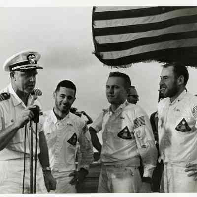 Captain John Fifield Welcomes the Apollo 8 Crewmen Aboard The USS Yorktown (CVS-10)