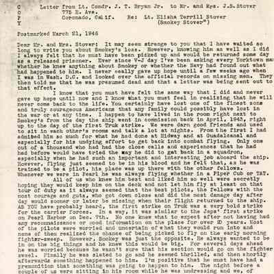 Letter From Jim Bryan Jr. to the Parents of Elisha "Smokey" Stover Dated March 21, 1946