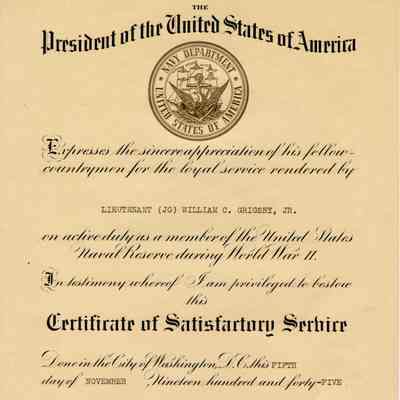 Certificate of Satisfactory Service Belonging to Lt. William Grigsby, Jr.