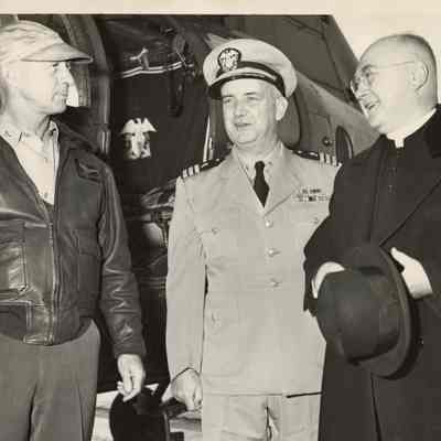 Captain Arnold McKechnie Welcomes Commander Connolly and Cardinal Francis Spellman to the USS Yorktown (CVA-10)