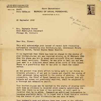 Letter Sent to Mrs. Raphaele Stover About Elisha "Smokey" Stover's status as Missing in Action