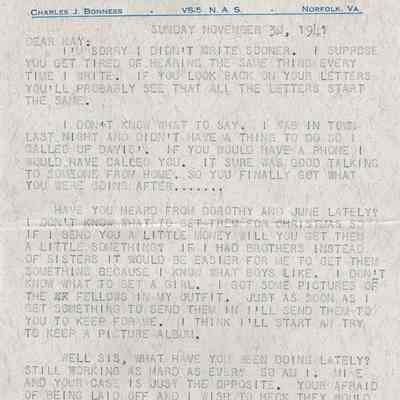 Letter from Charles Bonness to His Sister, November 30, 1941