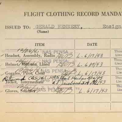 Front inside cover with list of issued pilot's gear.