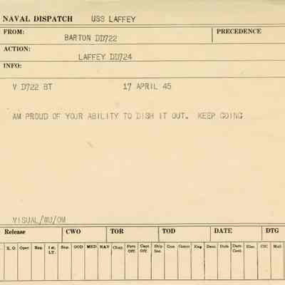 Message from the USS Barton (DD-722) to the USS Laffey (DD-724) Dated April 17, 1945