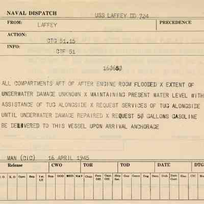 Message from the USS Laffey (DD-724) to Combat Task Force 51.15 Dated April 16, 1945