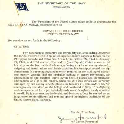 Silver Star Medal Citation of Dixie Kiefer