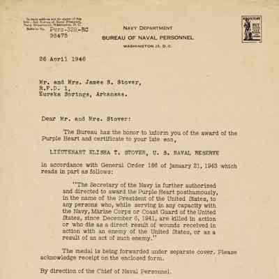 Letter from the Bureau of Naval Personnel Announcing that Elisha "Smokey" Stover has been Awarded the Purple Heart