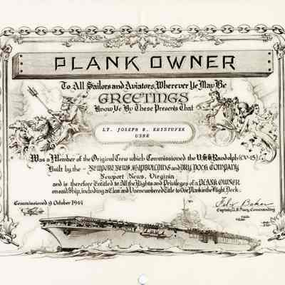 Joseph Kristufek's Plank Certificate for the USS Randolph (CV-15)