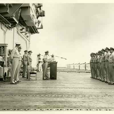 Captain Arnold McKechnie Addressing the Crew of the USS Yorktown (CVA-10)