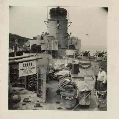 The view of one of the Laffey's 40 MM Bofors anti-aircraft guns looking towards the bow of the ship.