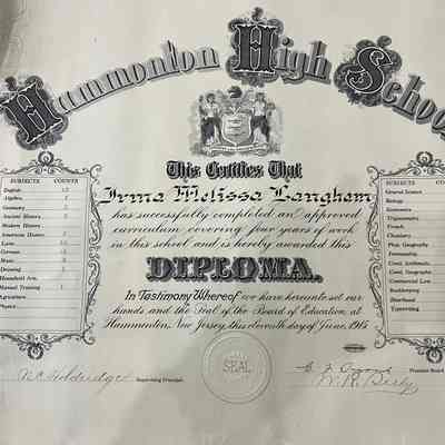 1915 Hammonton High School Diploma