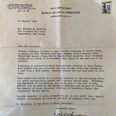 Letter from Bureau of Naval Personnel
