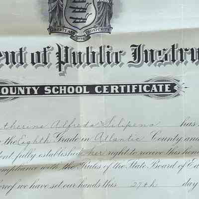 State of NJ County School Certificate 1936