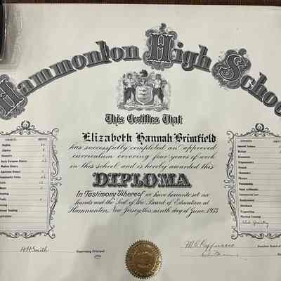 1933 Hammonton High School Diploma
