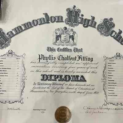 1930 Hammonton High School Diploma