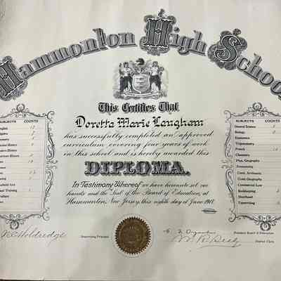 1917 Hammonton High School Diploma