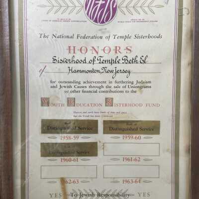 Certificate- National Federation of Temple Sisterhoods- Distinguished Service