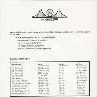 Golden Gate Foods, Inc. Packaging Specifications