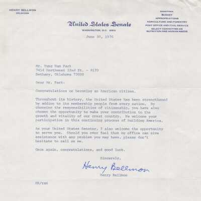 Citizenship Letter from United States Senate