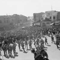 Arab demonstrators facing baton charge by occupying British troops near Jaffa Gate, Jerusalem