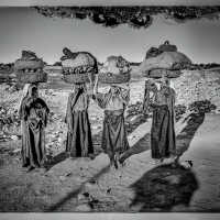 Four Palestinian women on their way to market with baskets on heads