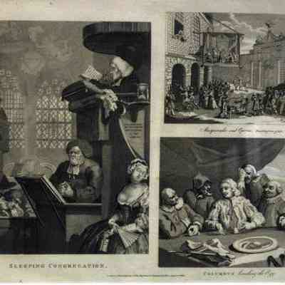 The Sleeping Congregation (1736); Masquerades and Operas, Burlington-Gate (1724); Columbus Breaking the Egg (1752)