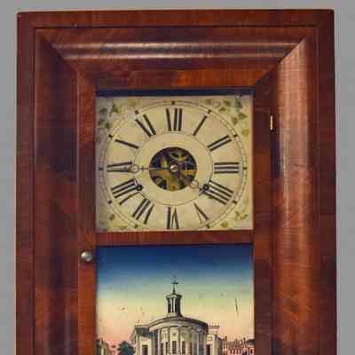 Mahogany Ogee Wall Clock with Reverse Painting of Merchants' Exchange Building