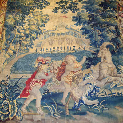 Tapestry of Children Playing with a Goat