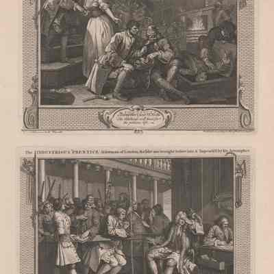 Industry and Idleness: The Idle Prentice Betray'd by his Whore & Taken in a Night cellar with his Accomplice; The industrious Prentice Alderman of London