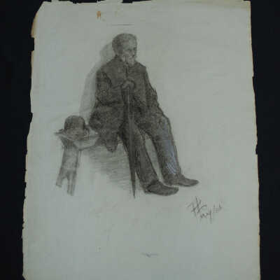 Bearded Man Sitting with Cane and Hat