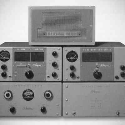 Image: Joe Veras, K9OCO: The entire station. Speaker (top) with T-90 (top left), R-9 (top riight), Z-Match (bottom left), and APS-90 power supply.