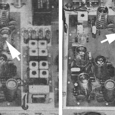 SB-110 (left) and 110A models can be distinguished by several obvious differences, including the location of tube V7, shown with arrow. Note that both units are shown with the older style 404-200 crystal filter.
