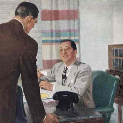 Illustration shows Bill Halligan at his desk in front of an SX-28.: Image: Radio News, Sep 1944