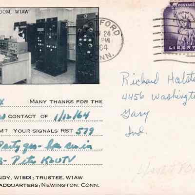 W1AW QSL #1: Dated Jan 12, 1964 reverse