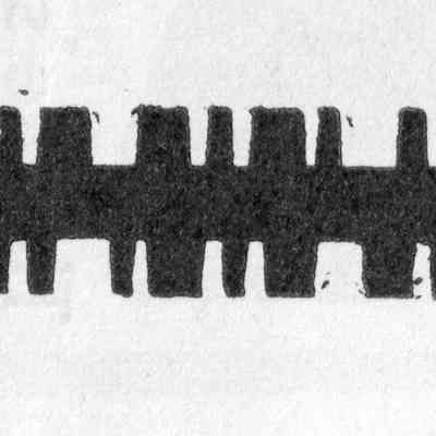 Figure 7. An illustration of the way code elements are drawn on the tape. Evidently the tapes could be reversed so that both sides could be used. This segment reads "teleplex teaches the code." The top half reads from left to right, while the bottom half reads from right to left.: Image: Radio Amateur's Handbook, 20th edition (1943).