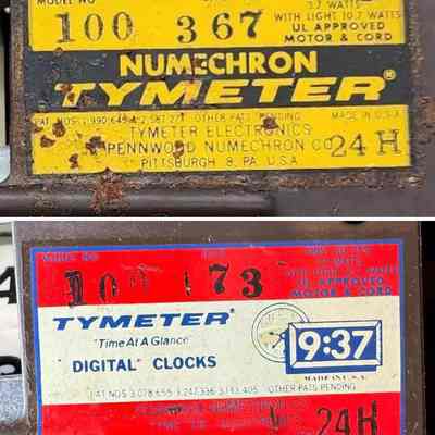 Typical Pennwood clock date codes. (upper) 367 means March 1967, and (lower) 173 means January 1973. The labels were changed from yellow to red beginning in 1972.