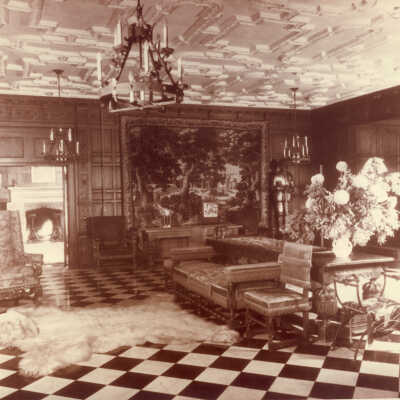 Room in White Oaks with tapestry, armor , and bearskin rug