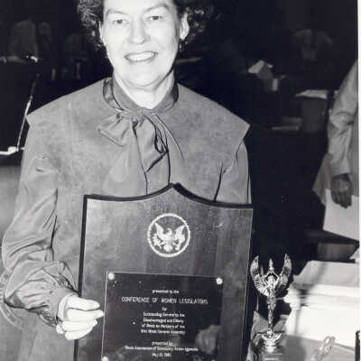 Virginia Fiester Frederick accepting an award