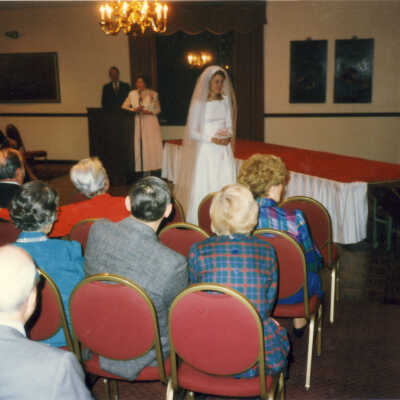 Bride in gown designed by Virginia Fiester Frederick