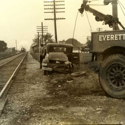 Truck being towed near West Lake Forest train station