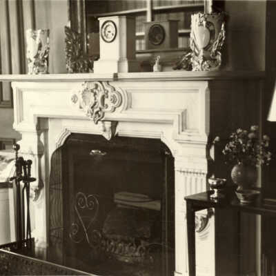 Fireplace mantel at Quinlan home