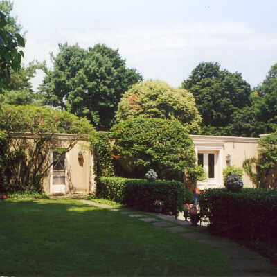 View of two garages or outbuildings at the Edward Byron Smith house