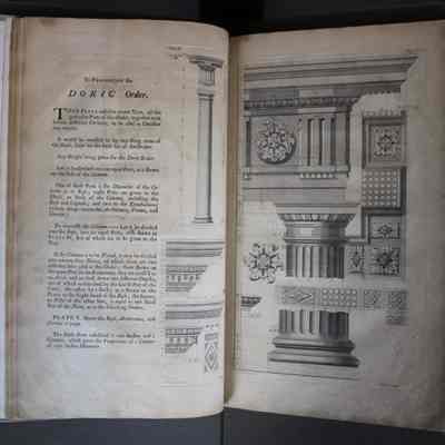 Plates III and IV: Aspects of the Doric order, as depicted on this page, appear in the architecture of George Mason IV's Gunston Hall.